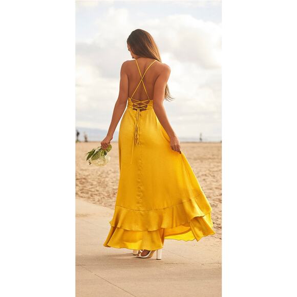 Lulus NWOT In Love Forever Mustard Yellow Satin Lace-Up High-Low Maxi Dress L - Picture 2 of 8